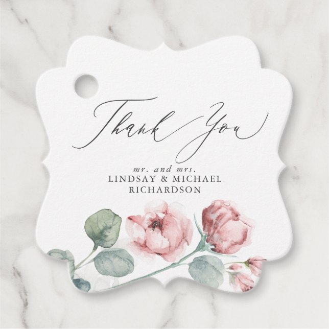 Étiquettes Cadeau Fleurs Rose Poussiéreux Élégant Mariage Merci (Devant)