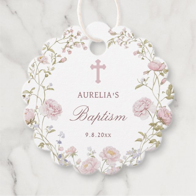 Étiquettes Cadeau Fleurs roses baptême (Devant)