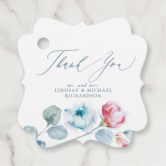 Étiquettes Cadeau Fleurs Roses Bleues Douces Merci De Mariage Élégan (Devant)
