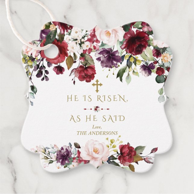 Étiquettes Cadeau Fleurs Roses Bourgogne Il Est Ressuscité Gold East (Devant)