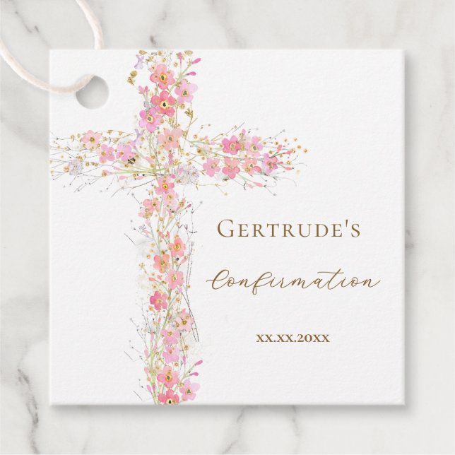 Étiquettes Cadeau fleurs roses de confirmation croix (Devant)