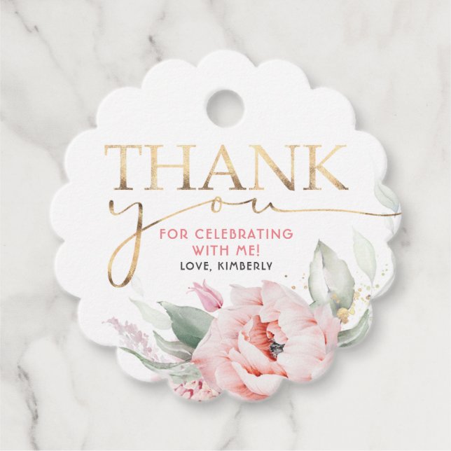 Étiquettes Cadeau Fleurs roses Élégant Merci d'anniversaire (Devant)