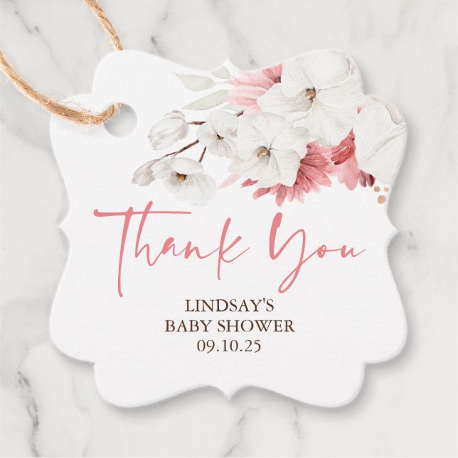 Étiquettes Cadeau Fleurs roses et blanches Boho Merci (Devant)