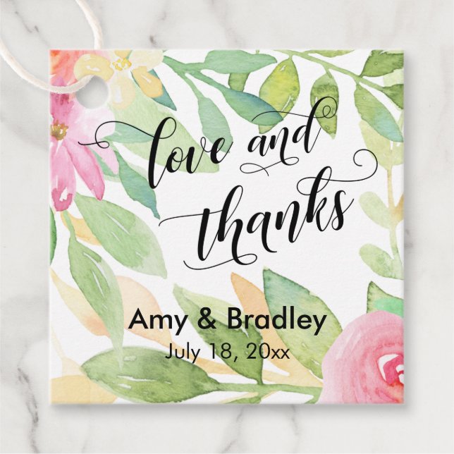 Étiquettes Cadeau Fleurs roses et Calligraphie Amour et Merci Mariag (Devant)