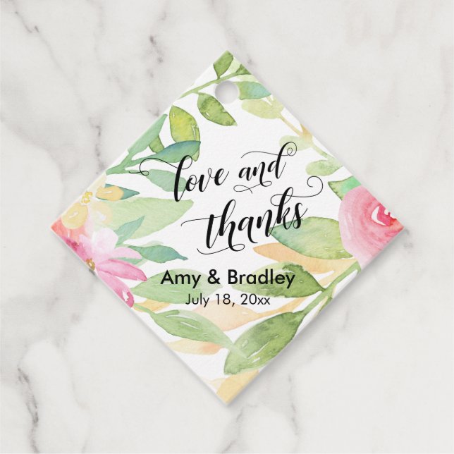 Étiquettes Cadeau Fleurs roses et Calligraphie Amour et Merci Mariag (Devant)