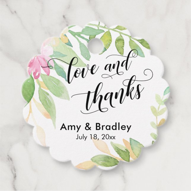 Étiquettes Cadeau Fleurs roses et Calligraphie Amour et Merci Mariag (Devant)