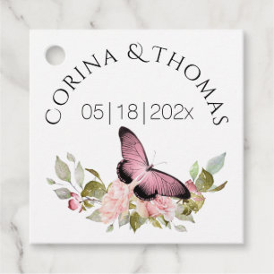 Étiquettes Cadeau Fleurs roses et Mariage papillon