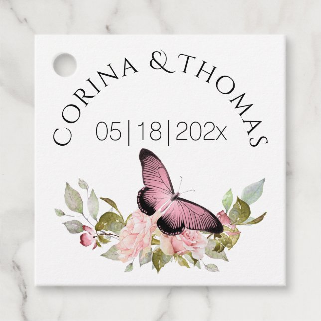 Étiquettes Cadeau Fleurs roses et Mariage papillon (Devant)