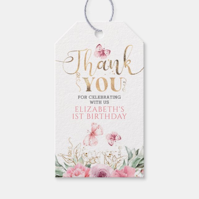 Étiquettes-cadeau Fleurs roses et papillons Merci d'anniversaire (Devant)