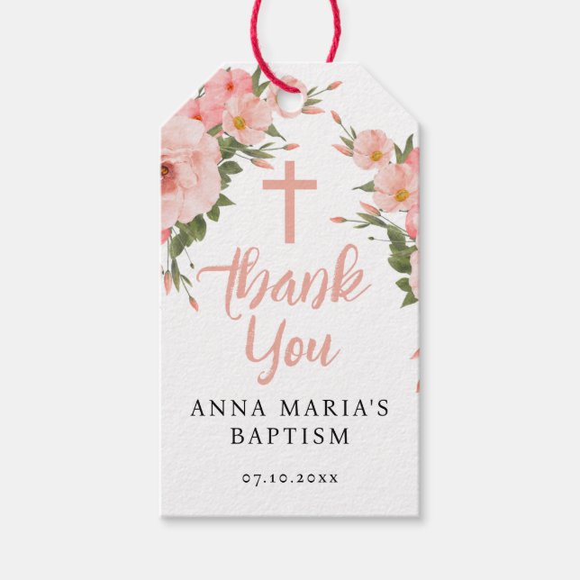 Étiquettes-cadeau Fleurs roses Fille Baptême Merci (Devant)