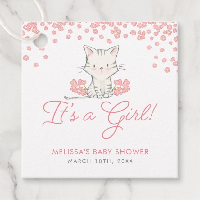 Étiquettes Cadeau Fleurs roses Kitten Baby shower fille (Devant)