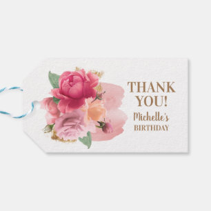 Étiquettes-cadeau Fleurs roses paillettes dorées Anniversaire Merci