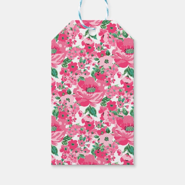 Étiquettes-cadeau Fleurs roses Peintes Mignonnes Design Blanc Élégan (Devant)
