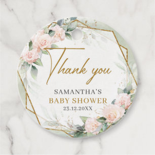 Étiquettes Cadeau Fleurs roses rousses or cadre baby shower verdoyan
