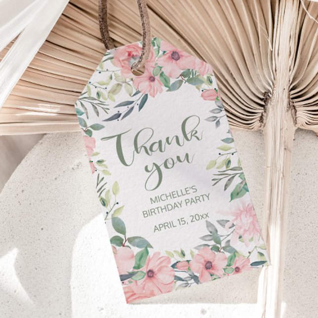 Étiquettes-cadeau Fleurs roses rousses Sage Vert Feuille doux 16 (Blush pink watercolor floral birthday party Thank You gift tag)