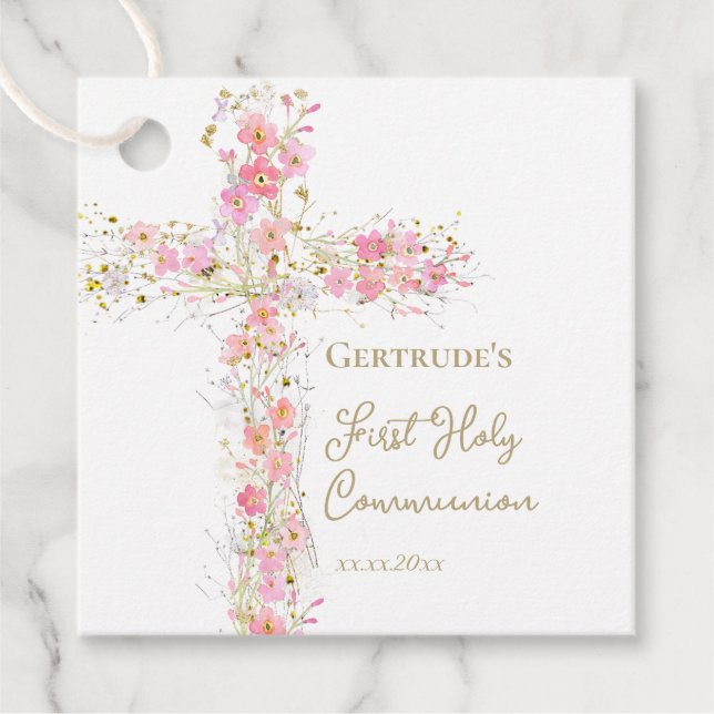 Étiquettes Cadeau fleurs roses traversent la première communion sain (Devant)