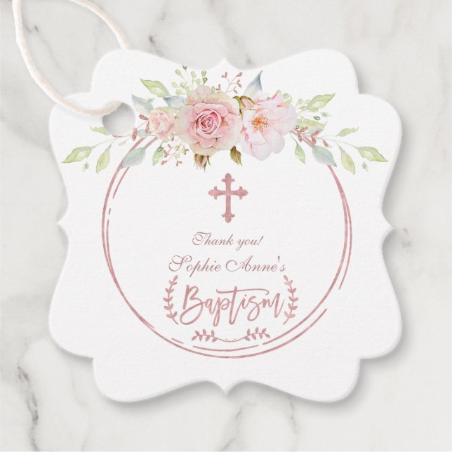 Étiquettes Cadeau Fleurs roses uniques Fleur Rose Croix or Baptême (Devant)