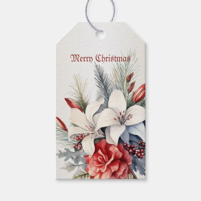 Étiquettes-cadeau Fleurs Rouges Blanches de Noël Élégantes (Devant)