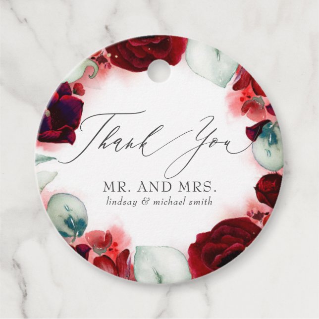 Étiquettes Cadeau Fleurs rouges bourguignonnes Merci Mariage (Devant)