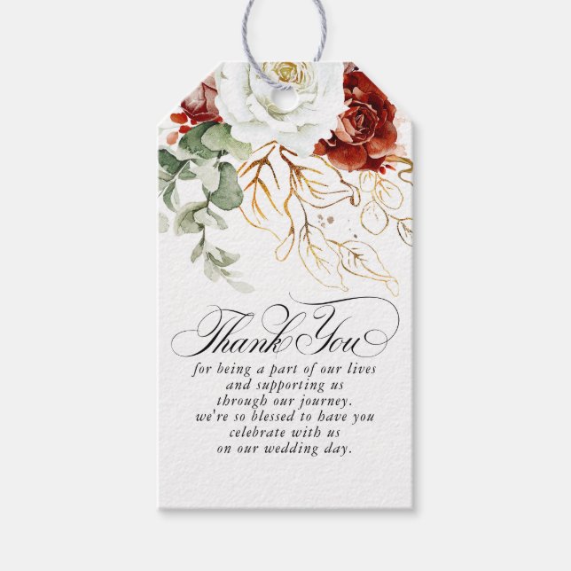 Étiquettes-cadeau Fleurs rouges et blanches de Bourgogne Boho Merci (Devant)