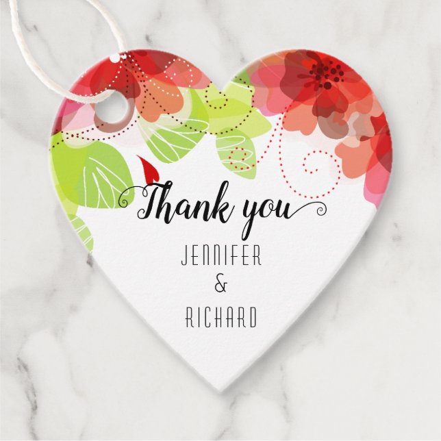 Étiquettes Cadeau Fleurs rouges et calligraphie mariage Merci (Devant)
