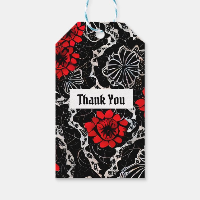 Étiquettes-cadeau Fleurs rouges et dentelle noire Motif sans couture (Devant)
