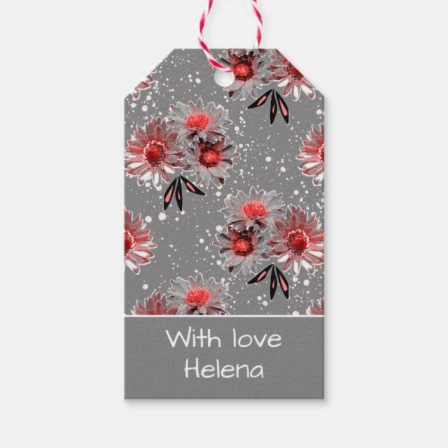 Étiquettes-cadeau Fleurs rouges sur gris (Devant)