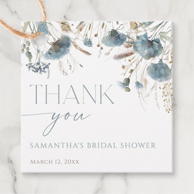 Étiquettes Cadeau Fleurs sauvages bleu poussiéreux bain de mariage b (Devant)