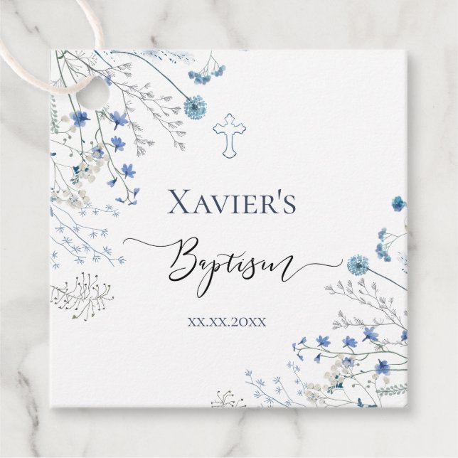 Étiquettes Cadeau fleurs sauvages bleues Baptême (Devant)