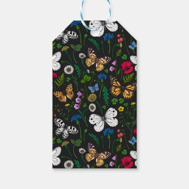 Étiquettes-cadeau Fleurs sauvages et papillons sur le noir (Devant)