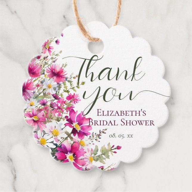 Étiquettes Cadeau Fleurs sauvages rose vif Floral Boho Shower de mar (Devant)