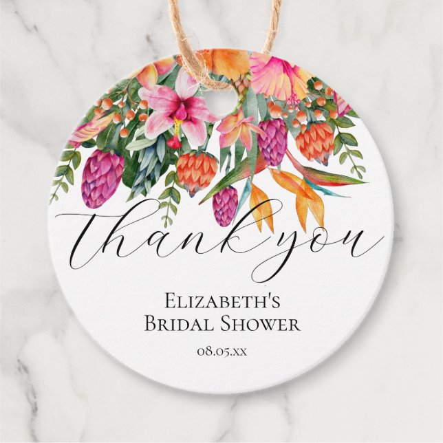 Étiquettes Cadeau Fleurs tropicales orange rose Script Merci (Devant)