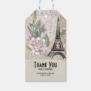 Étiquettes-cadeau Fleurs vintages, Tour Eiffel et Mariage Burlap