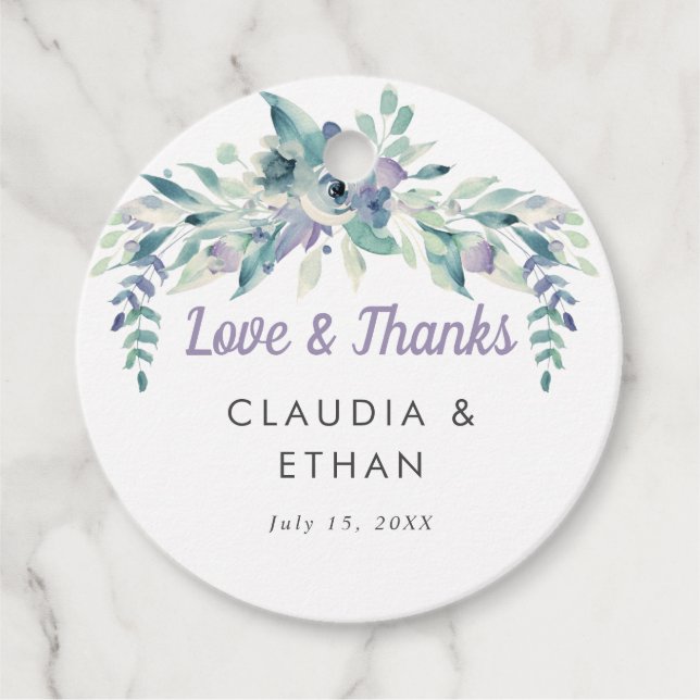 Étiquettes Cadeau Fleurs violettes Aquarelle Bleu Gris Amour & Merci (Devant)