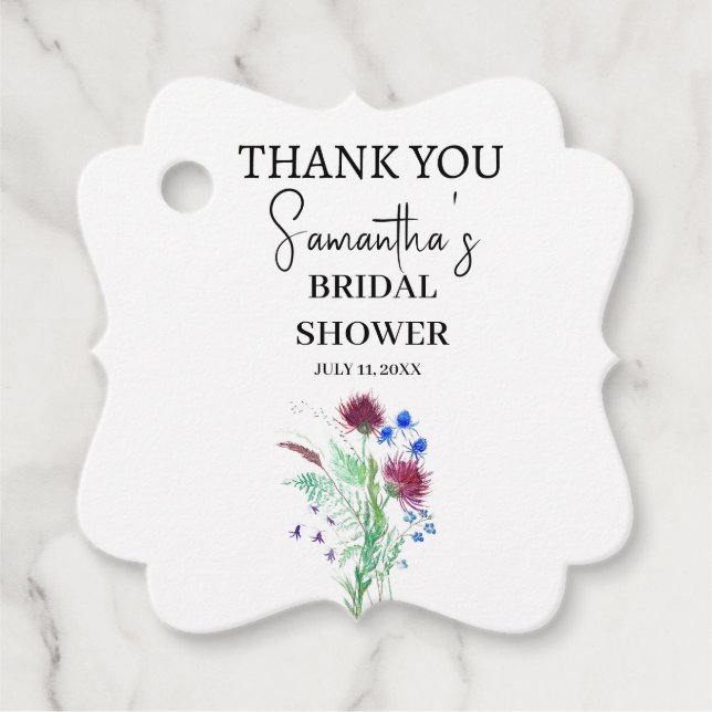 Étiquettes Cadeau Fleurs Violettes de Chardon Fête de Mariage Bohème (Devant)