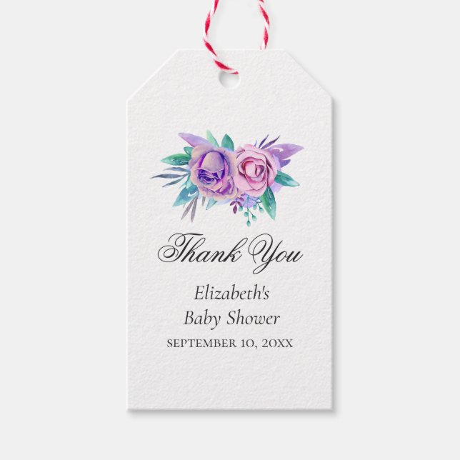 Étiquettes-cadeau Fleurs violettes et roses. Baby shower merci (Devant)