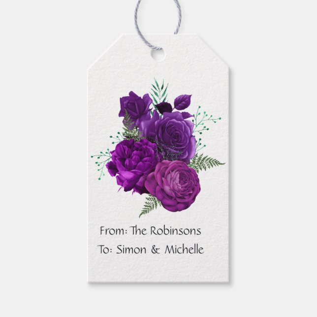 Étiquettes-cadeau Fleurs violettes et vertes (Devant)