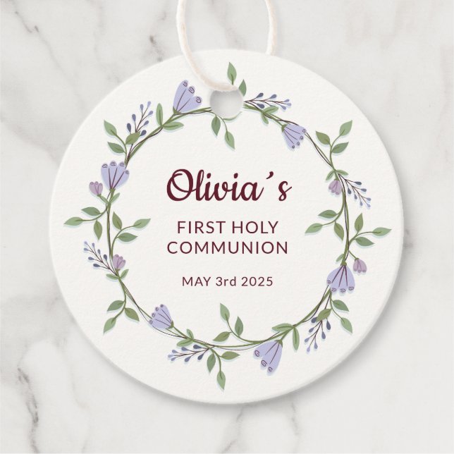 Étiquettes Cadeau Fleurs violettes Première communion de germe (Devant)