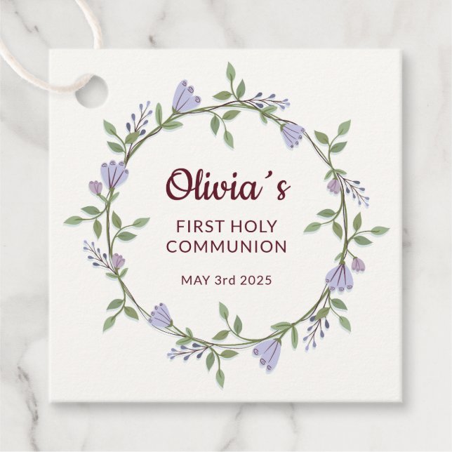 Étiquettes Cadeau Fleurs violettes Première communion de germe (Devant)