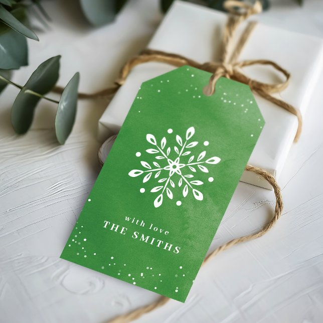 Étiquettes-cadeau Flocon de neige artistique aquarelle vert Noël (Artistic Watercolor Snowflake green Christmas Gift Tags)