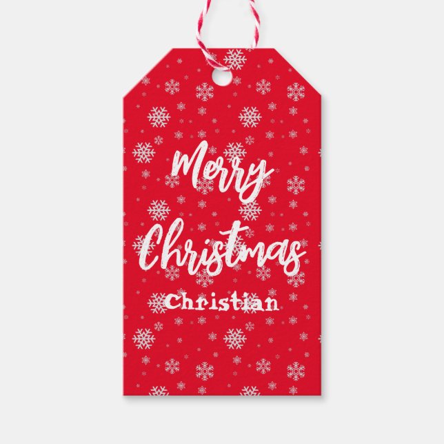 Étiquettes-cadeau Flocon de neige blanc rouge Joyeux Noël moderne (Devant)
