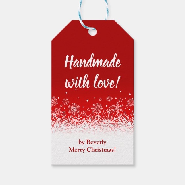 Étiquettes-cadeau Flocon de neige de Noël rouge fait main avec amour (Devant)