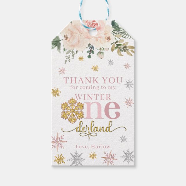 Étiquettes-cadeau Flocon de neige floral d'hiver ONE derland 1er ann (Devant)