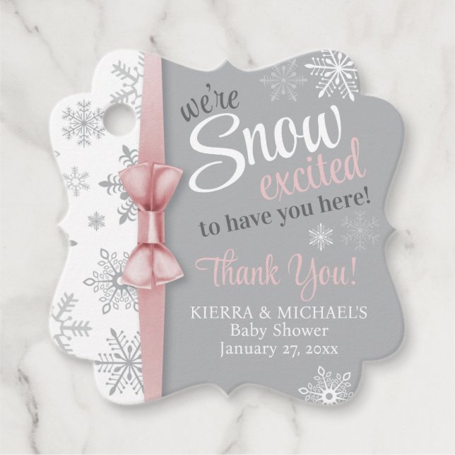 Étiquettes Cadeau Flocon de neige rose Gris rose Excité à la neige B (Devant)