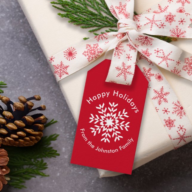 Étiquettes-cadeau Flocon de neige triangulaire rouge de Noël géométr (Créateur téléchargé)