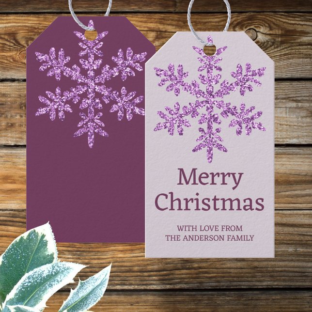 Étiquettes-cadeau Flocon de neige violet Glam magnifique couleur Noë (Add faux sparkle glam to your gifts with these purple Christmas gift tags, personalized by you)