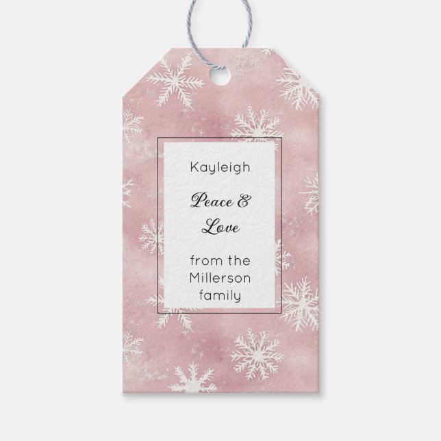 Étiquettes-cadeau Flocons de neige roses blancs Rectangle de Noël   (Devant)