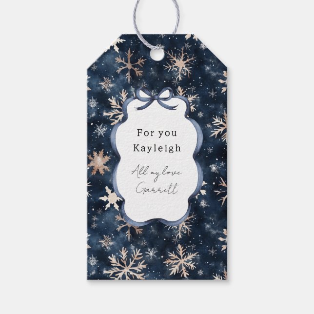 Étiquettes-cadeau Flocons de Noël à la Crème Bleue (Devant)