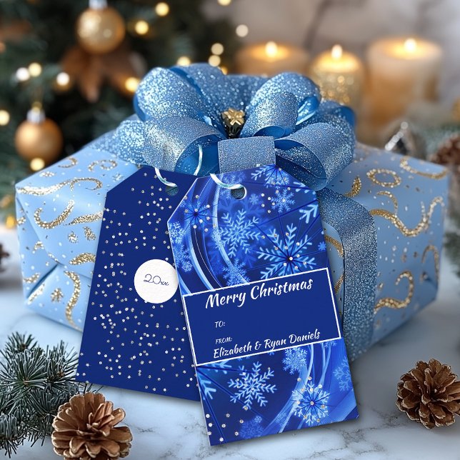Étiquettes-cadeau Flocons de Noël Étincelants Diamants Bleu Marine (Créateur téléchargé)