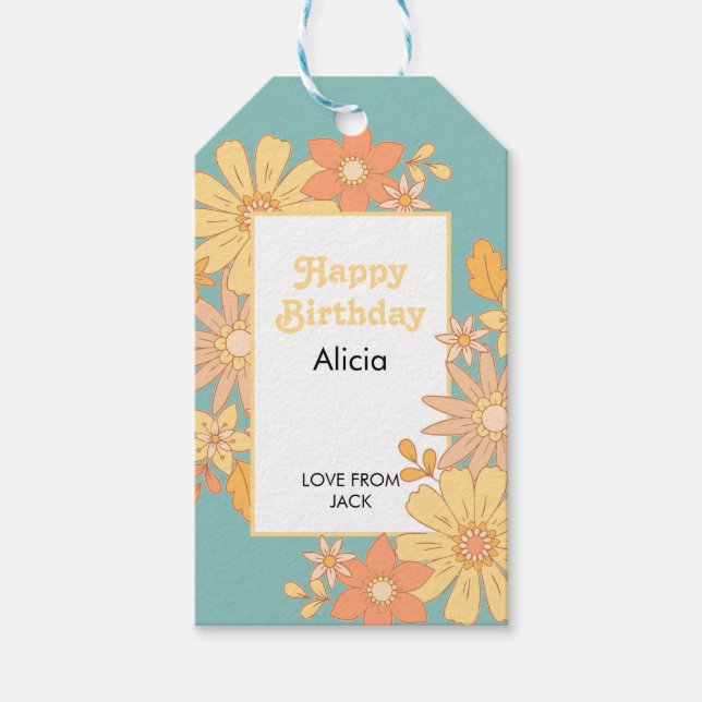 Étiquettes-cadeau Flora de Pêche Orange Retro Super Anniversaire (Devant)